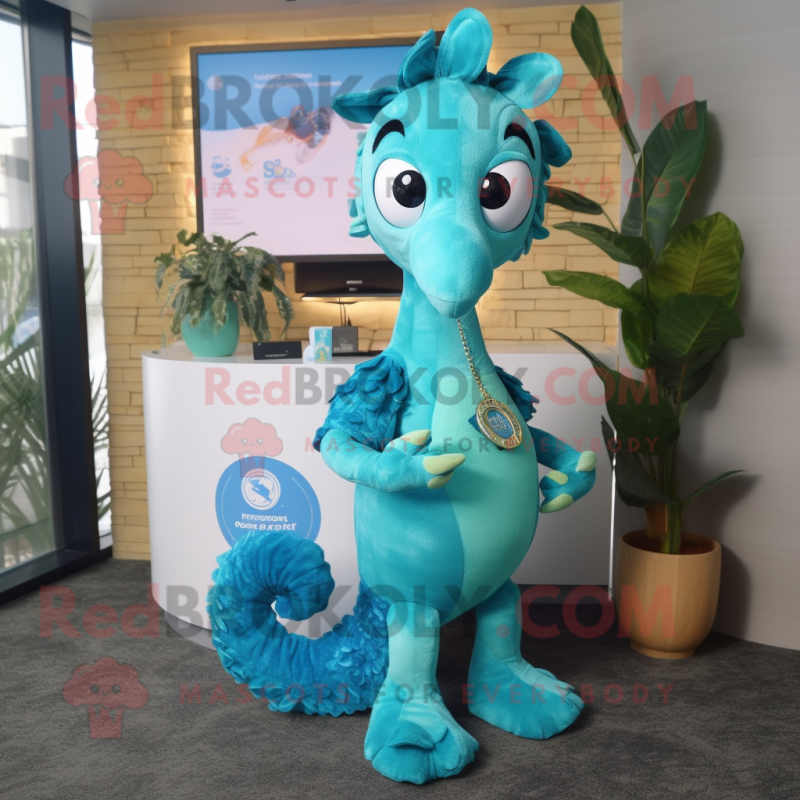 Cyan Sea Horse mascot costume character dressed with a Mini Skirt and Keychains Cyan Sea Horse mascot costume character dressed with a Mini Skirt and Keychains