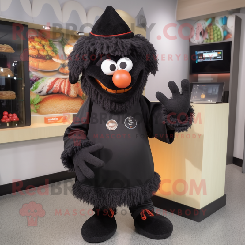Black Goulash mascot costume character dressed with a Cardigan and Shoe laces Black Goulash mascot costume character dressed with a Cardigan and Shoe laces