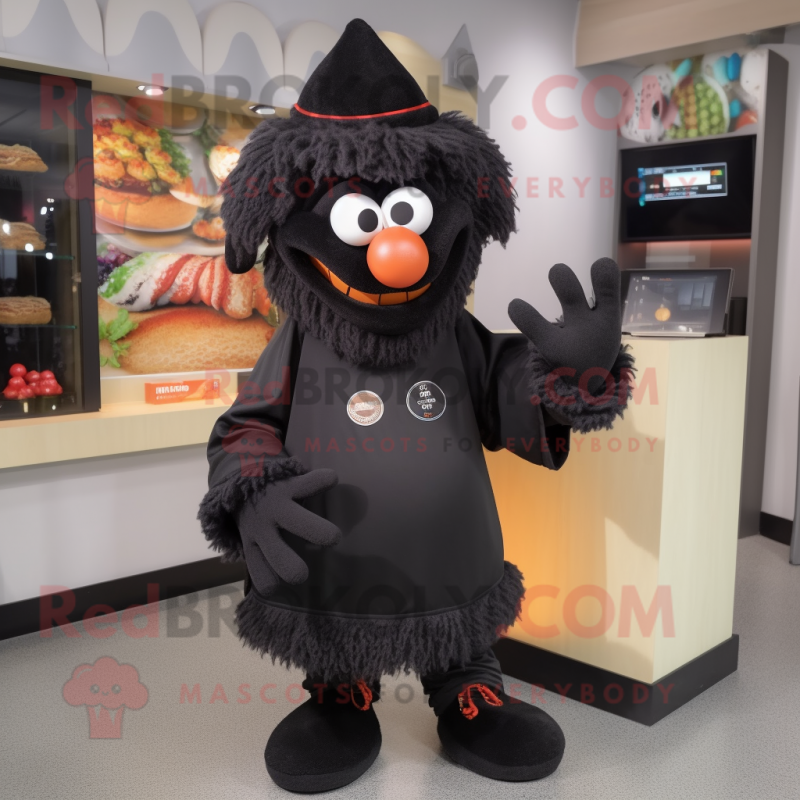 Black Goulash mascot costume character dressed with a Cardigan and Shoe laces