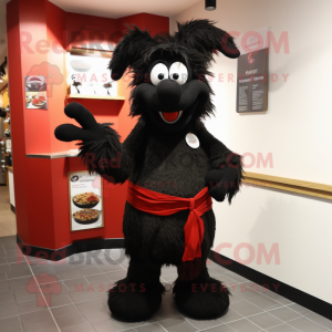 Black Goulash mascot costume character dressed with a Cardigan and Shoe laces