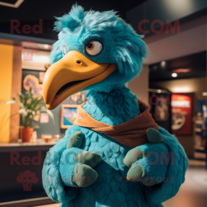 Teal Dodo Bird mascot costume character dressed with a Jacket and Mittens