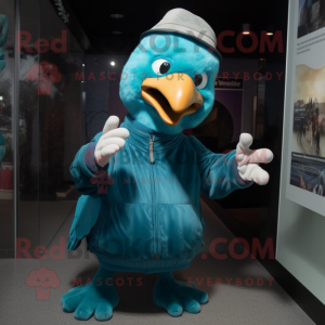 Teal Dodo Bird mascot costume character dressed with a Jacket and Mittens