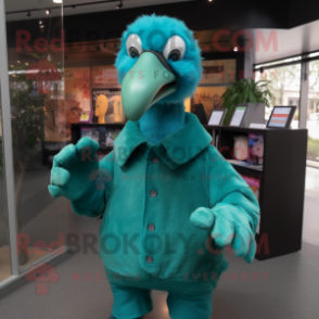 Teal Dodo Bird mascot costume character dressed with a Jacket and Mittens