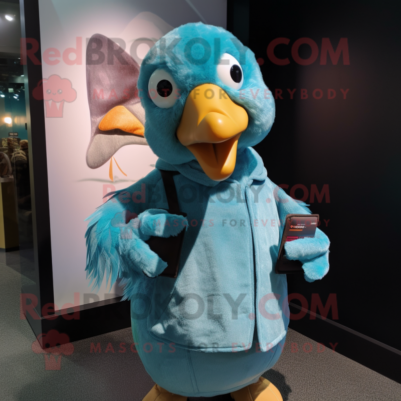 Teal Dodo Bird mascot costume character dressed with a Jacket and Mittens