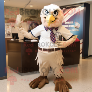 Tan Bald Eagle mascot costume character dressed with a Pencil Skirt and Pocket squares