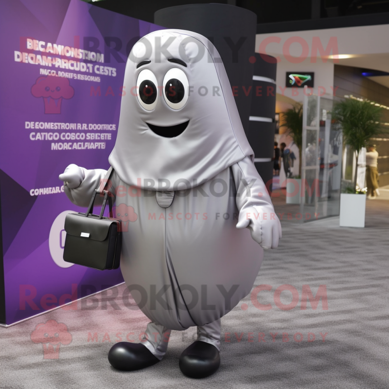 Silver Eggplant mascot costume character dressed with a Hoodie and Briefcases