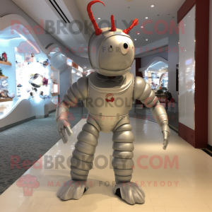 Silver Lobster mascot costume character dressed with a Romper and Foot pads