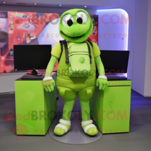 Lime Green Computer mascot costume character dressed with a Tank Top and Wallets