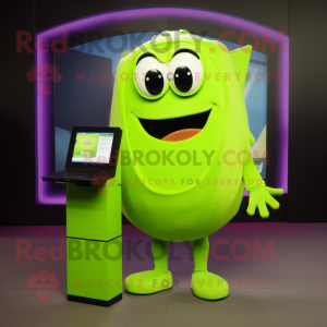 Lime Green Computer mascot costume character dressed with a Tank Top and Wallets