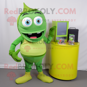 Lime Green Computer mascot costume character dressed with a Tank Top and Wallets