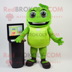 Lime Green Computer mascot costume character dressed with a Tank Top and Wallets