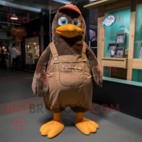 Brown Penguin mascot costume character dressed with a Dungarees and Foot pads