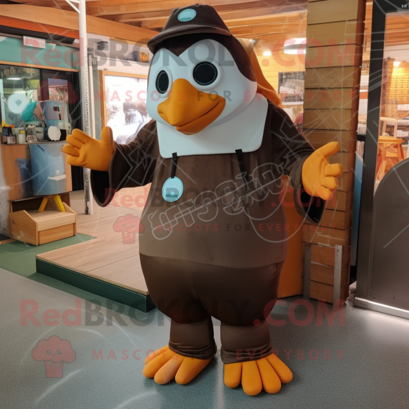 Brown Penguin mascot costume character dressed with a Dungarees and Foot pads