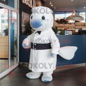 Navy Beluga Whale mascot costume character dressed with a Dress Shirt and Mittens