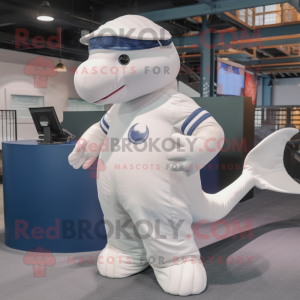 Navy Beluga Whale mascot costume character dressed with a Dress Shirt and Mittens