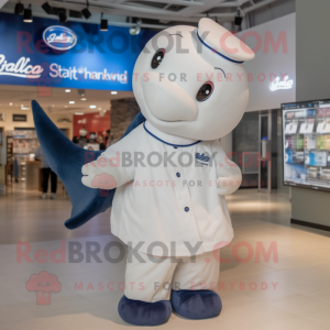 Navy Beluga Whale mascot costume character dressed with a Dress Shirt and Mittens