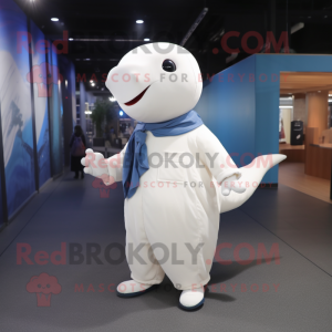 Navy Beluga Whale mascot costume character dressed with a Dress Shirt and Mittens
