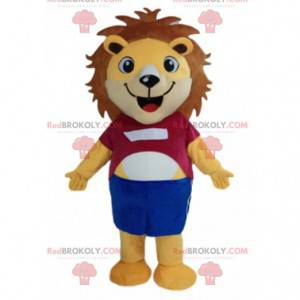 Yellow lion mascot, lion cub costume, feline disguise -