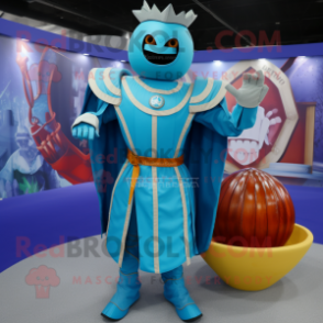 Cyan Medieval Knight mascot costume character dressed with a Ball Gown and Rings