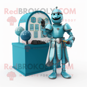 Cyan Medieval Knight mascot costume character dressed with a Ball Gown and Rings