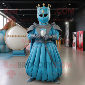 Cyan Medieval Knight mascot costume character dressed with a Ball Gown and Rings