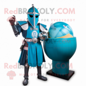 Cyan Medieval Knight mascot costume character dressed with a Ball Gown and Rings