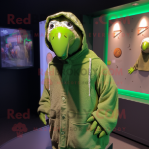 Lime Green Guinea Fowl mascot costume character dressed with a Hoodie and Lapel pins