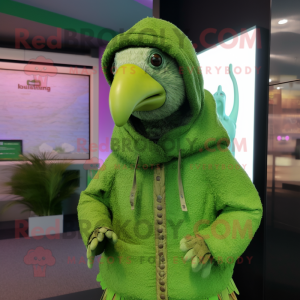 Lime Green Guinea Fowl mascot costume character dressed with a Hoodie and Lapel pins