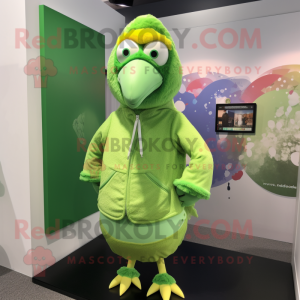 Lime Green Guinea Fowl mascot costume character dressed with a Hoodie and Lapel pins