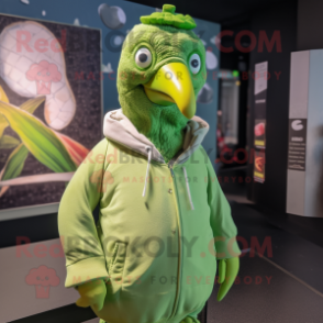 Lime Green Guinea Fowl mascot costume character dressed with a Hoodie and Lapel pins