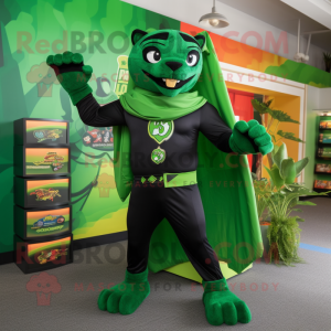 Green Panther mascot costume character dressed with a Rash Guard and Scarves