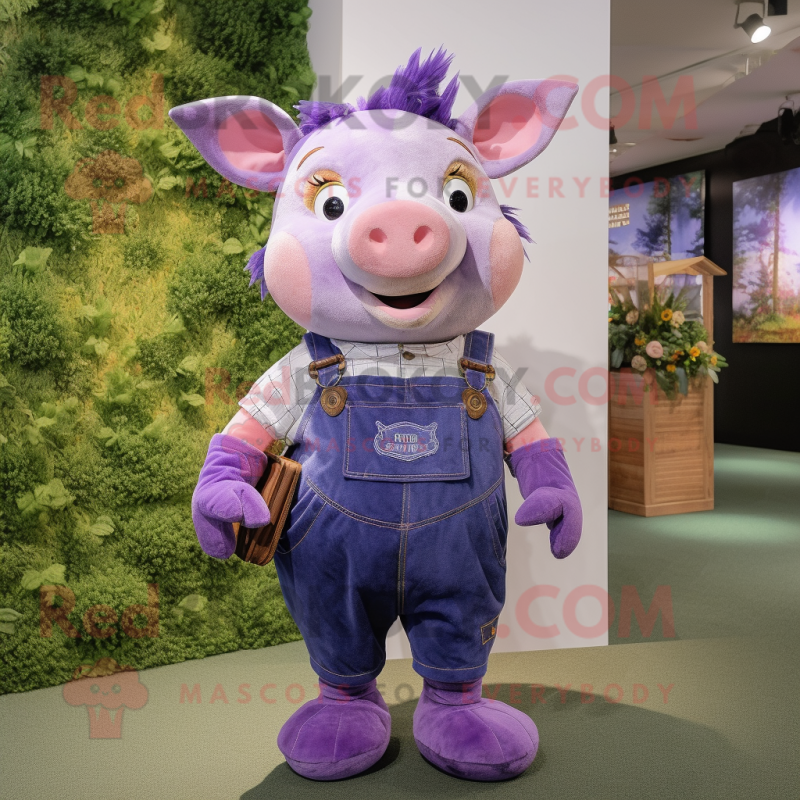 Lavender Pig mascot costume character dressed with a Dungarees and Backpacks