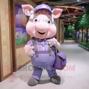 Lavender Pig mascot costume character dressed with a Dungarees and Backpacks