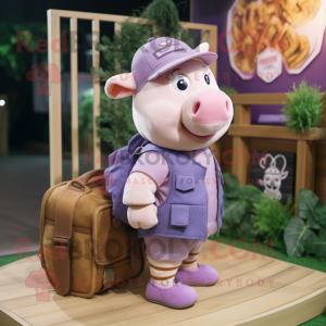 Lavender Pig mascot costume character dressed with a Dungarees and Backpacks