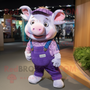 Lavender Pig mascot costume character dressed with a Dungarees and Backpacks