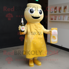 Yellow Champagne mascot costume character dressed with a Mini Dress and Wallets