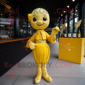 Yellow Champagne mascot costume character dressed with a Mini Dress and Wallets