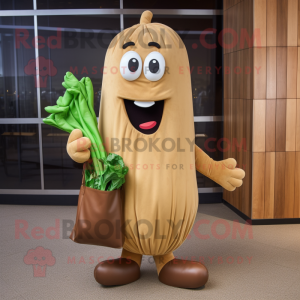 Brown Celery mascot costume character dressed with a Trousers and Tote bags