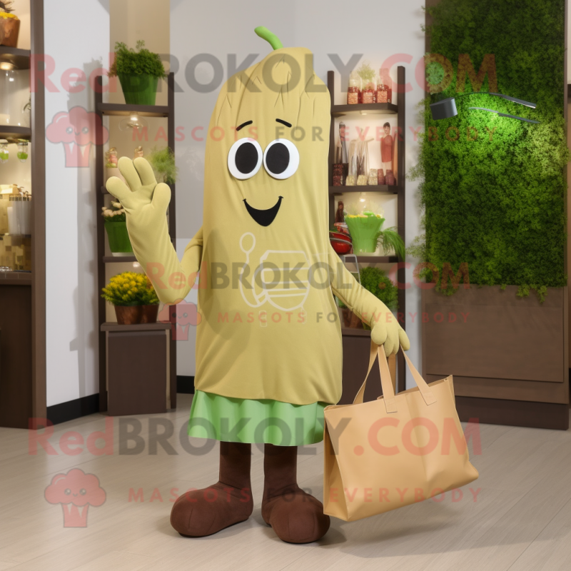 Brown Celery mascot costume character dressed with a Trousers and Tote bags Brown Celery mascot costume character dressed with a Trousers and Tote bags
