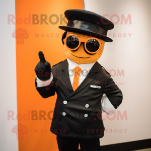 Orange Army Soldier mascot costume character dressed with a Tuxedo and Sunglasses