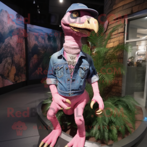 Pink Velociraptor mascot costume character dressed with a Denim Shorts and Bracelet watches