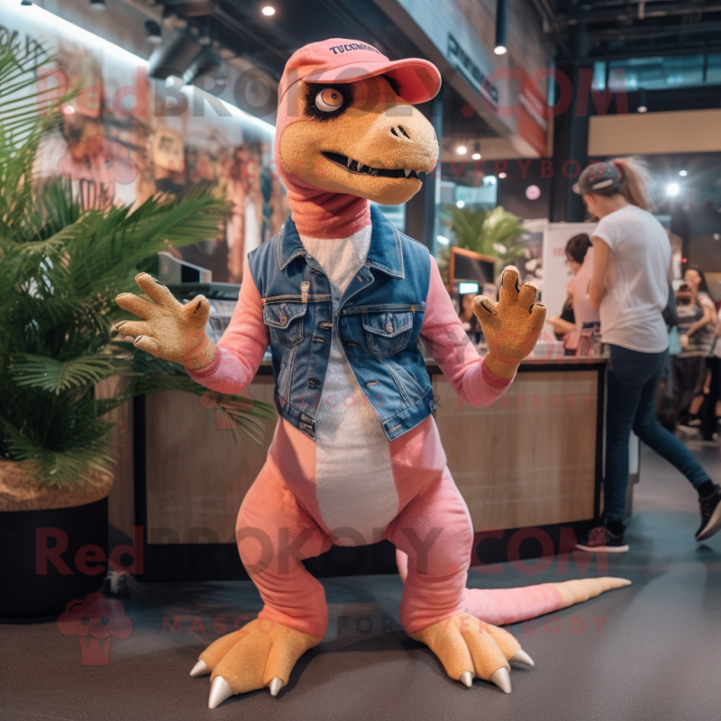 Pink Velociraptor mascot costume character dressed with a Denim Shorts and Bracelet watches