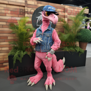 Pink Velociraptor mascot costume character dressed with a Denim Shorts and Bracelet watches