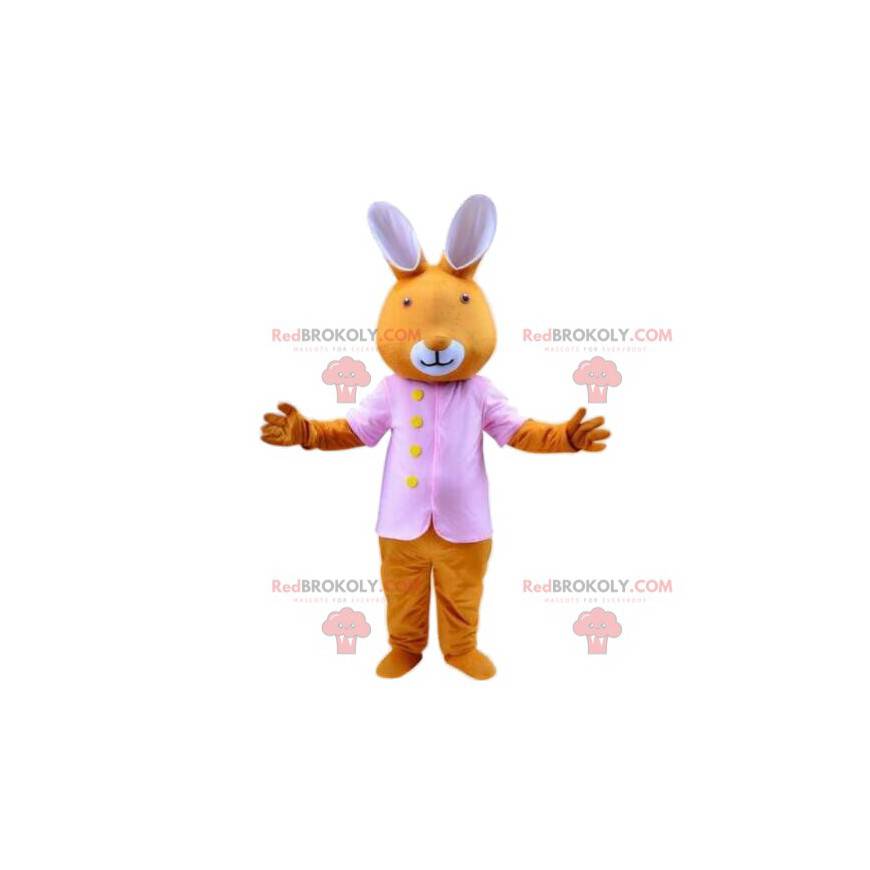 Mascotte de lapin orange avec une veste rose, costume de Pâques