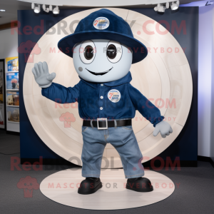 Navy Plate Spinner mascot costume character dressed with a Jeans and Hats