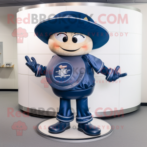 Navy Plate Spinner mascot costume character dressed with a Jeans and Hats