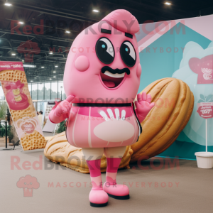 Pink Croissant mascot costume character dressed with a Board Shorts and Earrings