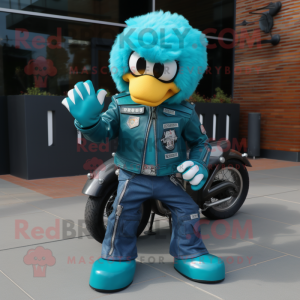 Teal Ice mascot costume character dressed with a Biker Jacket and Shoe clips