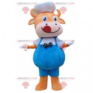 Orange cow mascot with overalls and a chef's hat -