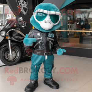 Teal Ice mascot costume character dressed with a Biker Jacket and Shoe clips